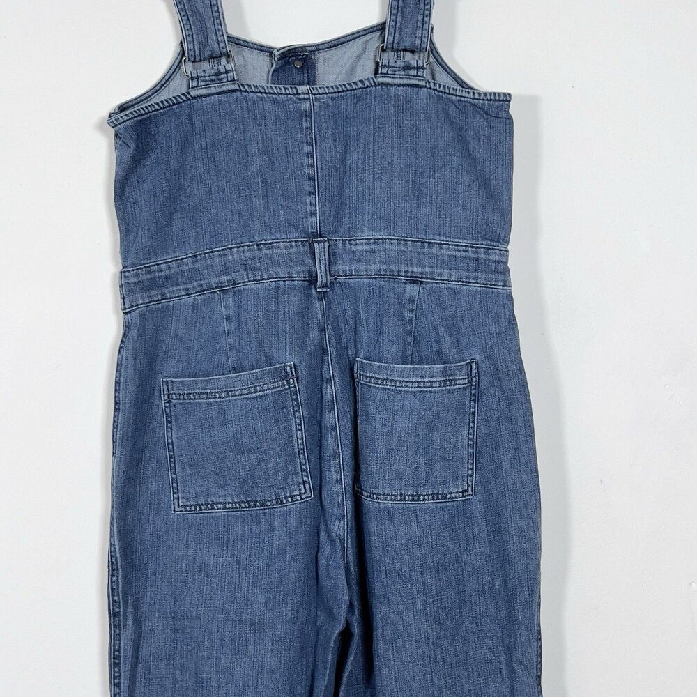 Aerie Denim Kick Flare Overalls Wide Leg Jumpsuit Womens Sz L Blue Button Front - Picture 6 of 16